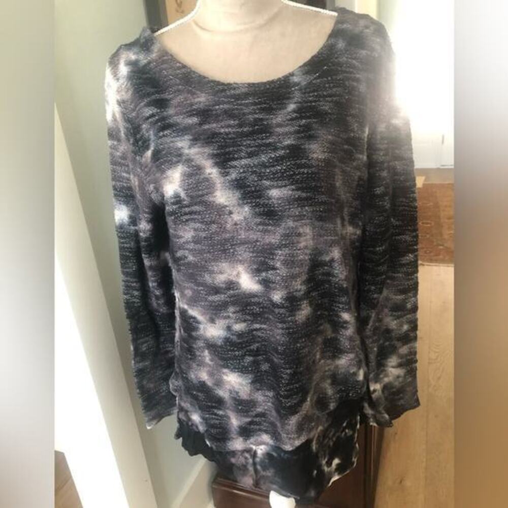 XCVI Dip Dye Grey Black Tunic Sweater chiffon ruffle hem Sz L